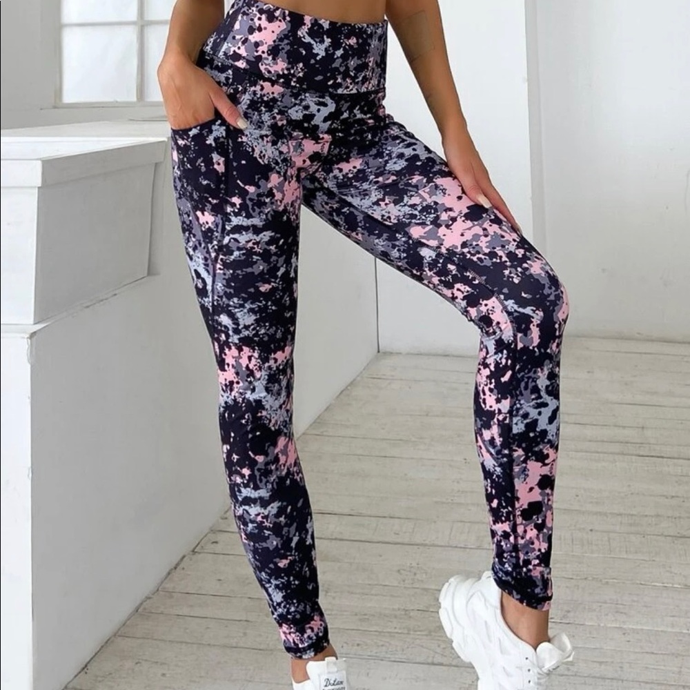 SHEIN Tie-dye Topstitching Side Phone Pocket Sports Leggings